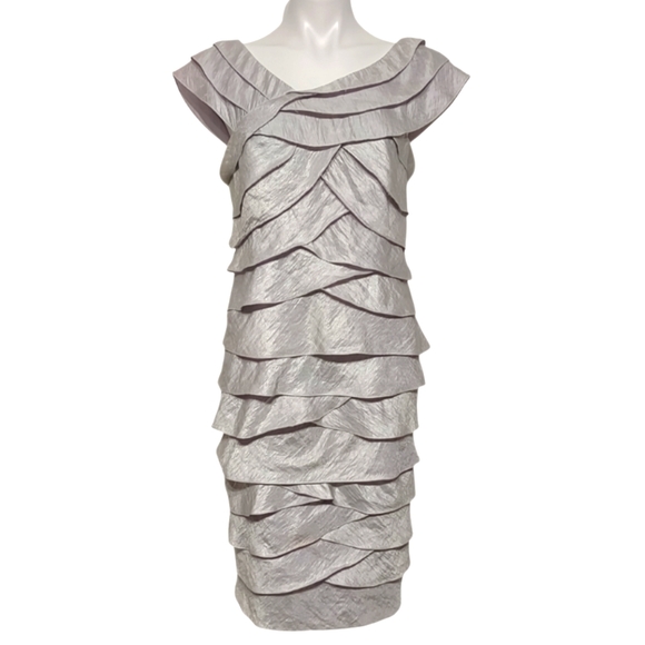 Adrianna Papell Silver Shimmer Ruffle Cocktail Party Dress - Picture 4 of 11